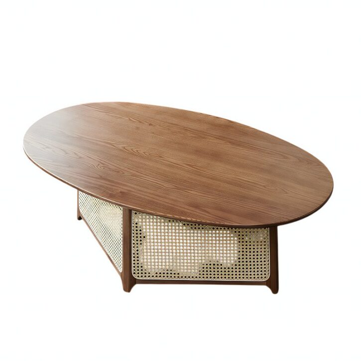 Table basse en rotin tressé et bois foncé ovale pour salon ALBERT