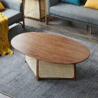 Table basse en rotin tressé et bois foncé ovale pour salon ALBERT