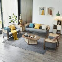 Table basse en rotin tressé et bois foncé ovale pour salon ALBERT