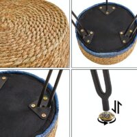 Tabouret en rotin foncé et bleu naturel et bohème avec structure en fer noire ALIA