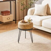 Tabouret en rotin foncé et noir naturel et bohème avec structure en fer noire ALIA