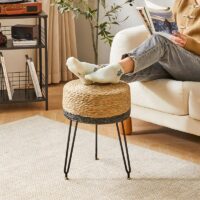 Tabouret en rotin foncé et noir naturel et bohème avec structure en fer noire ALIA