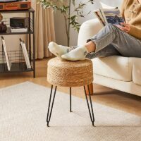 Tabouret en rotin foncé naturel et bohème avec structure en fer noire ALIA