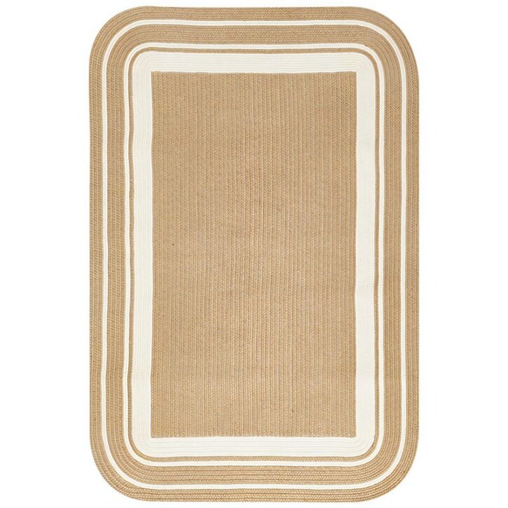 Tapis en rotin et jute tressé rectangulaire avec bandes blanches et bords arrondis CIRCUS