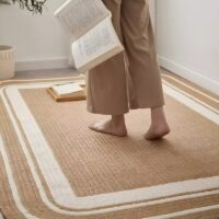 Tapis en rotin et jute tressé rectangulaire avec bandes blanches et bords arrondis CIRCUS