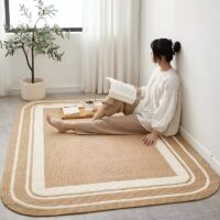 Tapis en rotin et jute tressé rectangulaire avec bandes blanches et bords arrondis CIRCUS