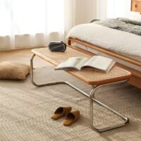 Banc en rotin et bois avec structure en fer style néo rétro scandinave MARVA