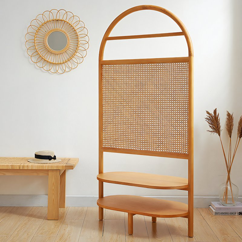 Décoration en rotin et bois orangé paravent avec étagère BOHMIOA