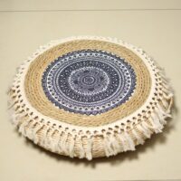 Pouf en rotin à froufrous rond et plat avec motifs noirs et blancs ethniques ATHENE