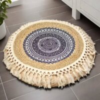 Pouf en rotin à froufrous rond et plat avec motifs noirs et blancs ethniques ATHENE