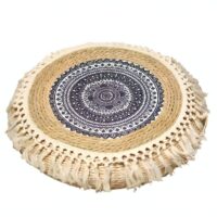 Pouf en rotin à froufrous rond et plat avec motifs noirs et blancs ethniques ATHENE