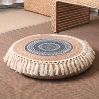 Pouf en rotin à froufrous rond et plat avec motifs noirs et blancs ethniques ATHENE